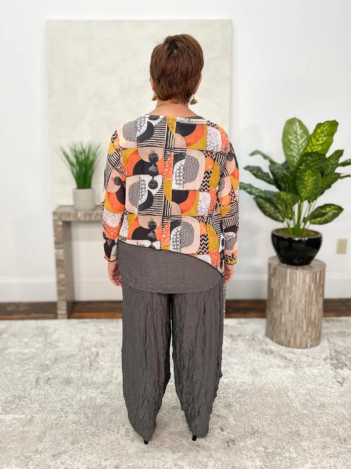 Asymmetric Printed Mesh Topper, Mustard/Peach