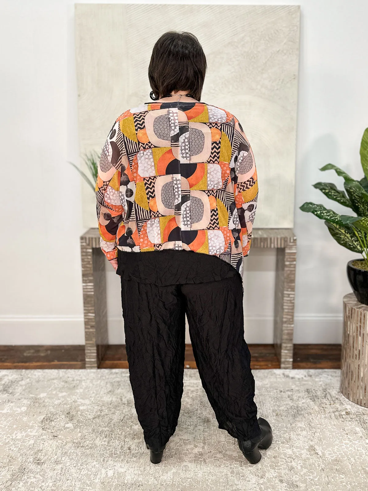 Asymmetric Printed Mesh Topper, Mustard/Peach