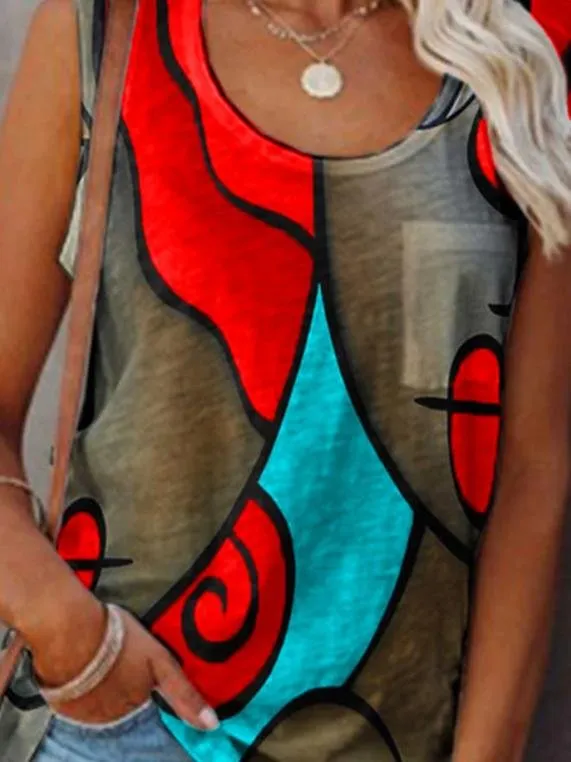 Casual Sleeveless Colorblock Tanks Tops