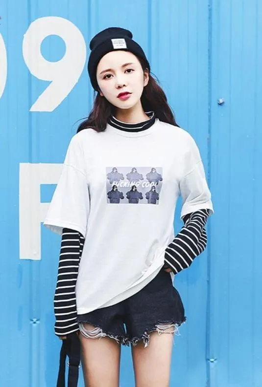 Character Letter Print Stripe Patchwork Casual Loose Long Sleeve T Shirt