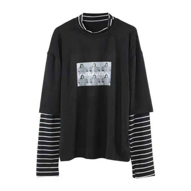 Character Letter Print Stripe Patchwork Casual Loose Long Sleeve T Shirt