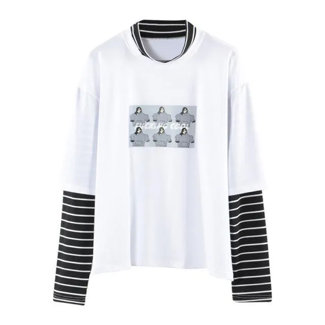 Character Letter Print Stripe Patchwork Casual Loose Long Sleeve T Shirt