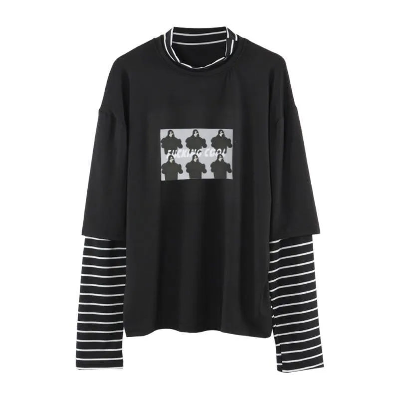 Character Letter Print Stripe Patchwork Casual Loose Long Sleeve T Shirt