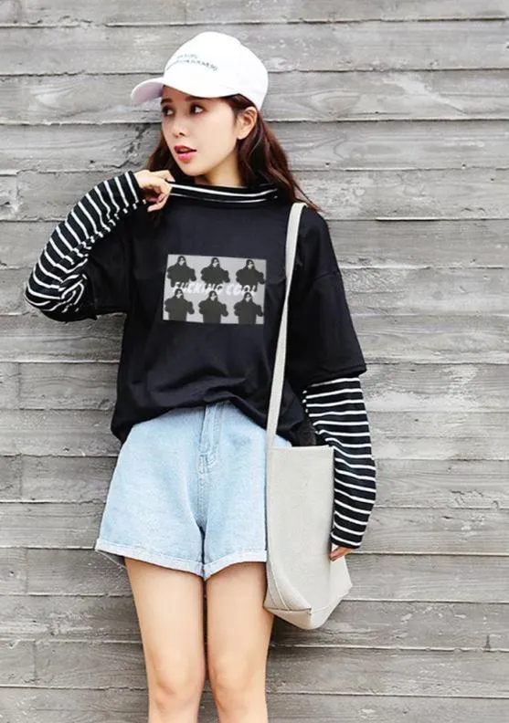 Character Letter Print Stripe Patchwork Casual Loose Long Sleeve T Shirt