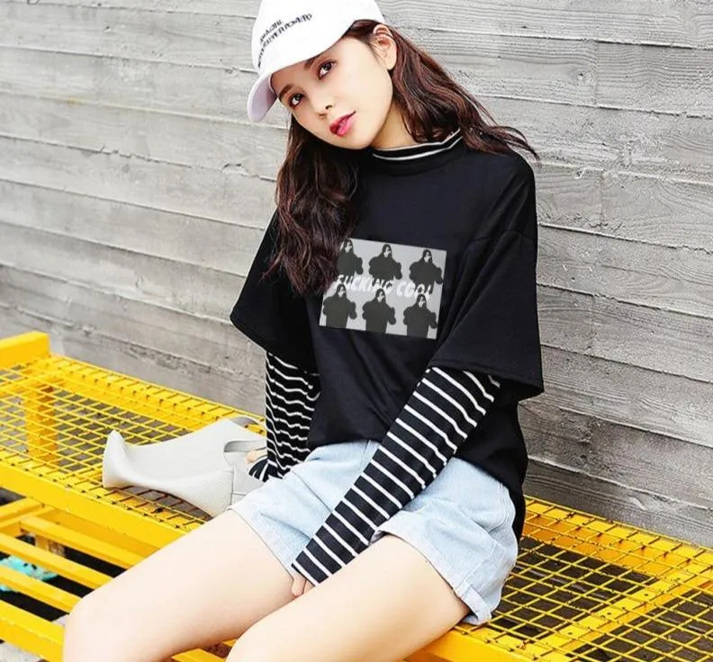 Character Letter Print Stripe Patchwork Casual Loose Long Sleeve T Shirt