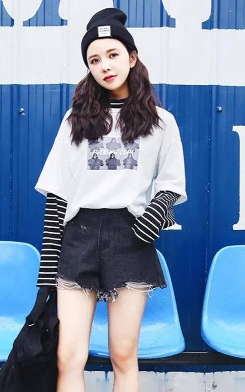 Character Letter Print Stripe Patchwork Casual Loose Long Sleeve T Shirt