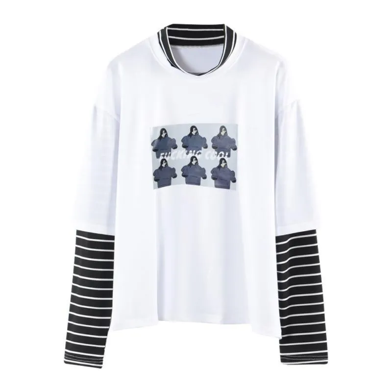 Character Letter Print Stripe Patchwork Casual Loose Long Sleeve T Shirt