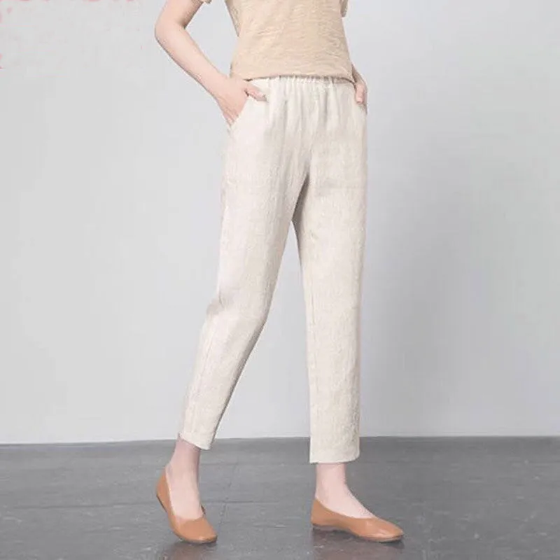 Cotton Blend Casual Ankle-Length Pants Women Thin Trendy Slim Look Carrot Pants