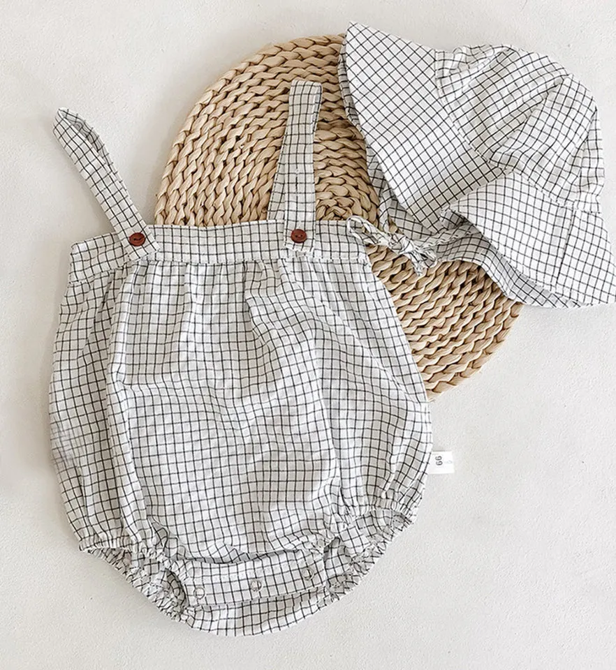 Cotton Check Romper and Sun Hat