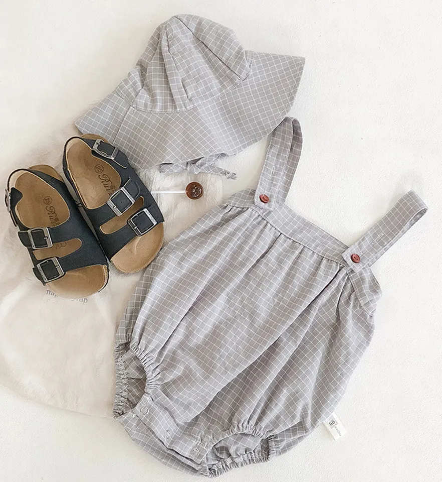Cotton Check Romper and Sun Hat