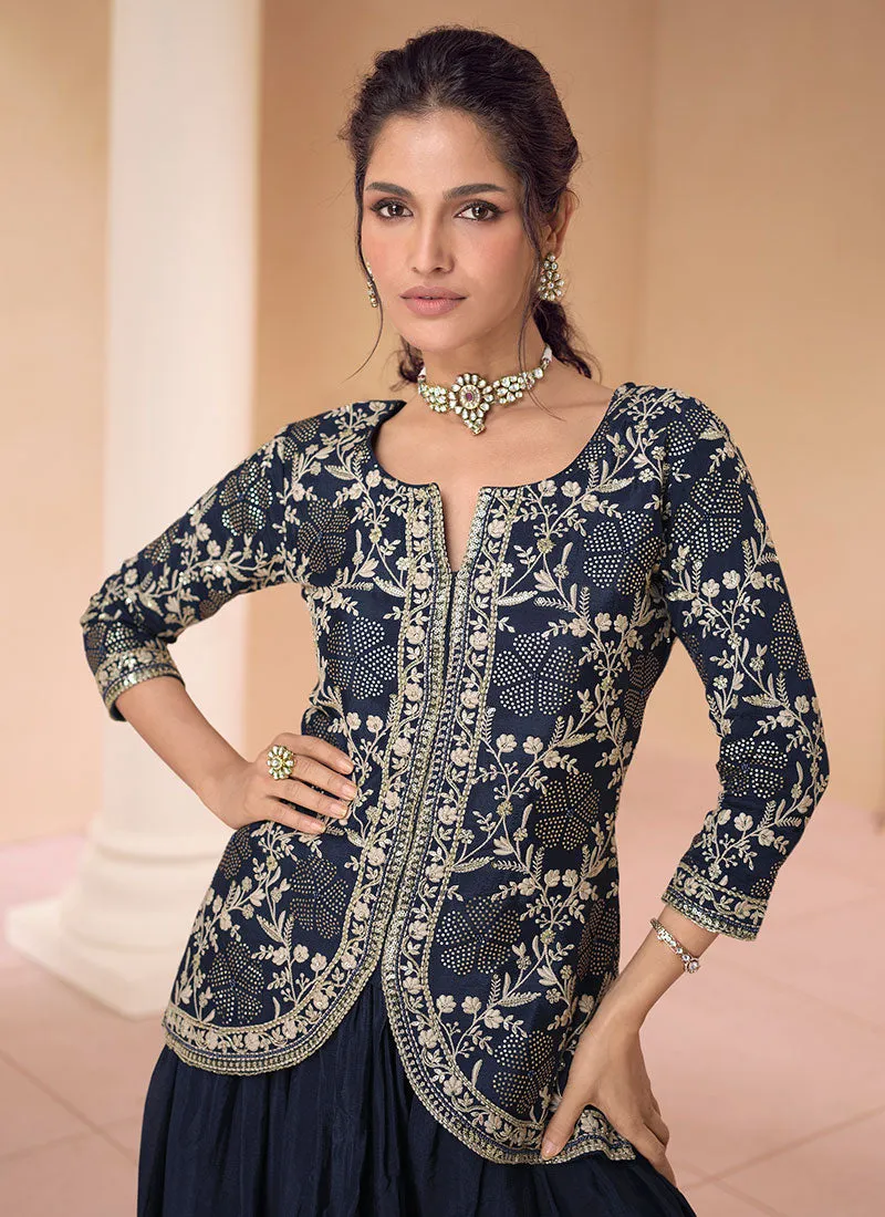 Dark Blue Sequence Embroidery Designer Kurti And Palazzo