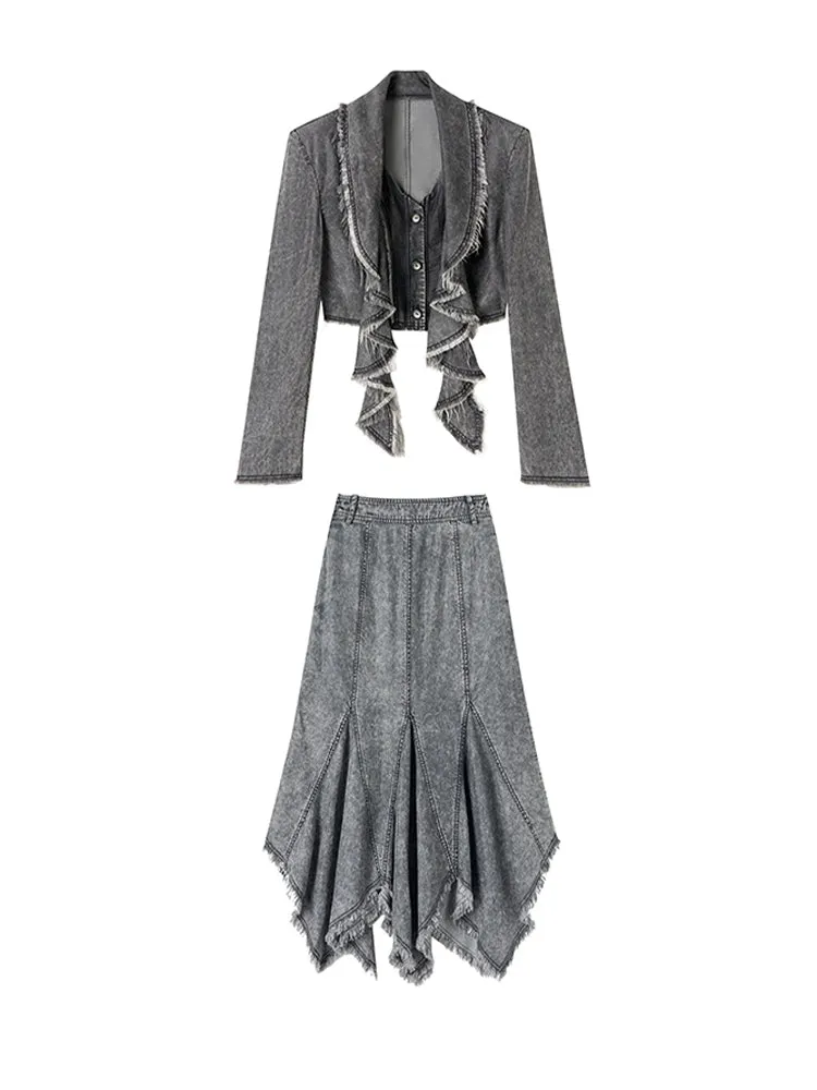 Denim Tassel Casual Ruffle Tops＆Skirt