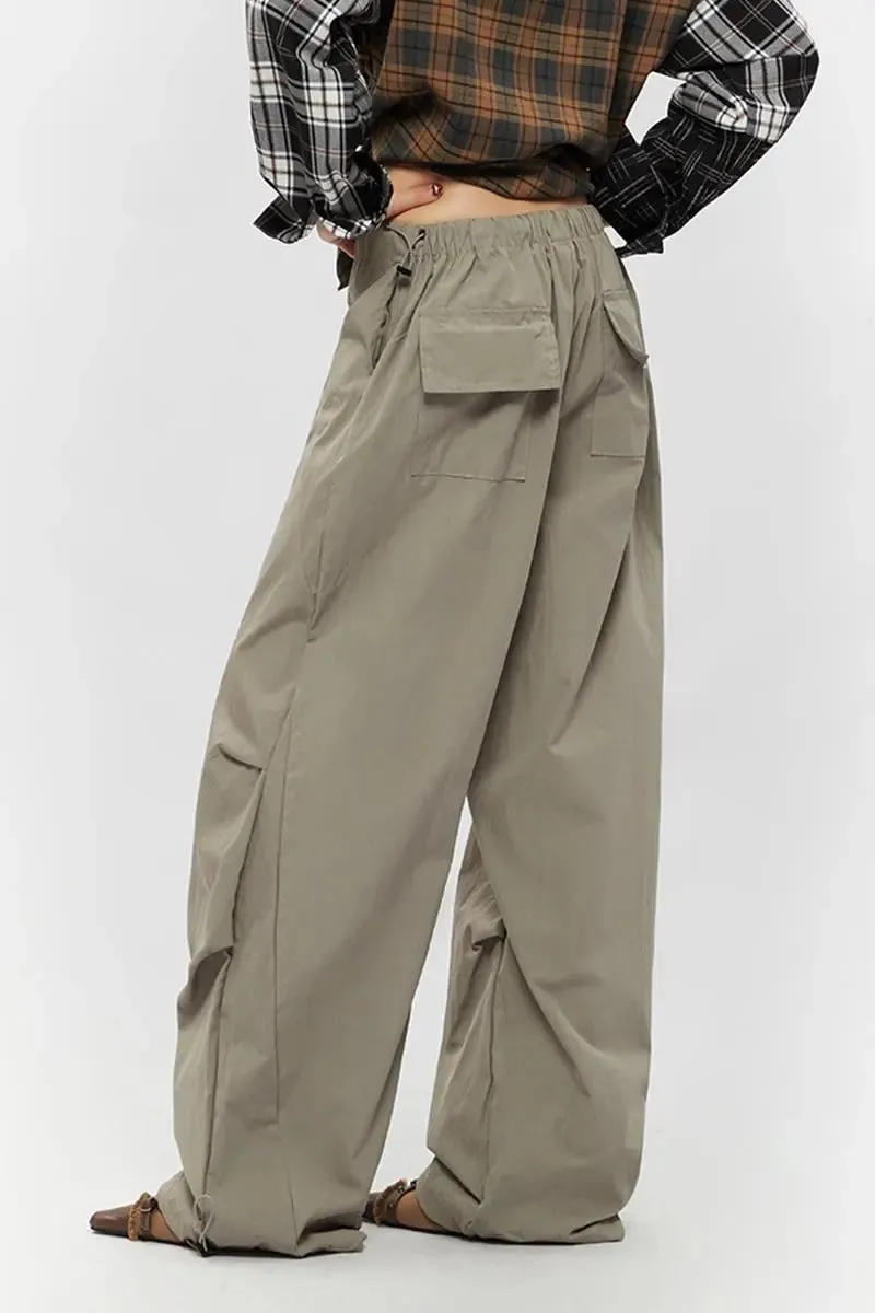 Drawstring Low-waist Parachute Cargo Pants
