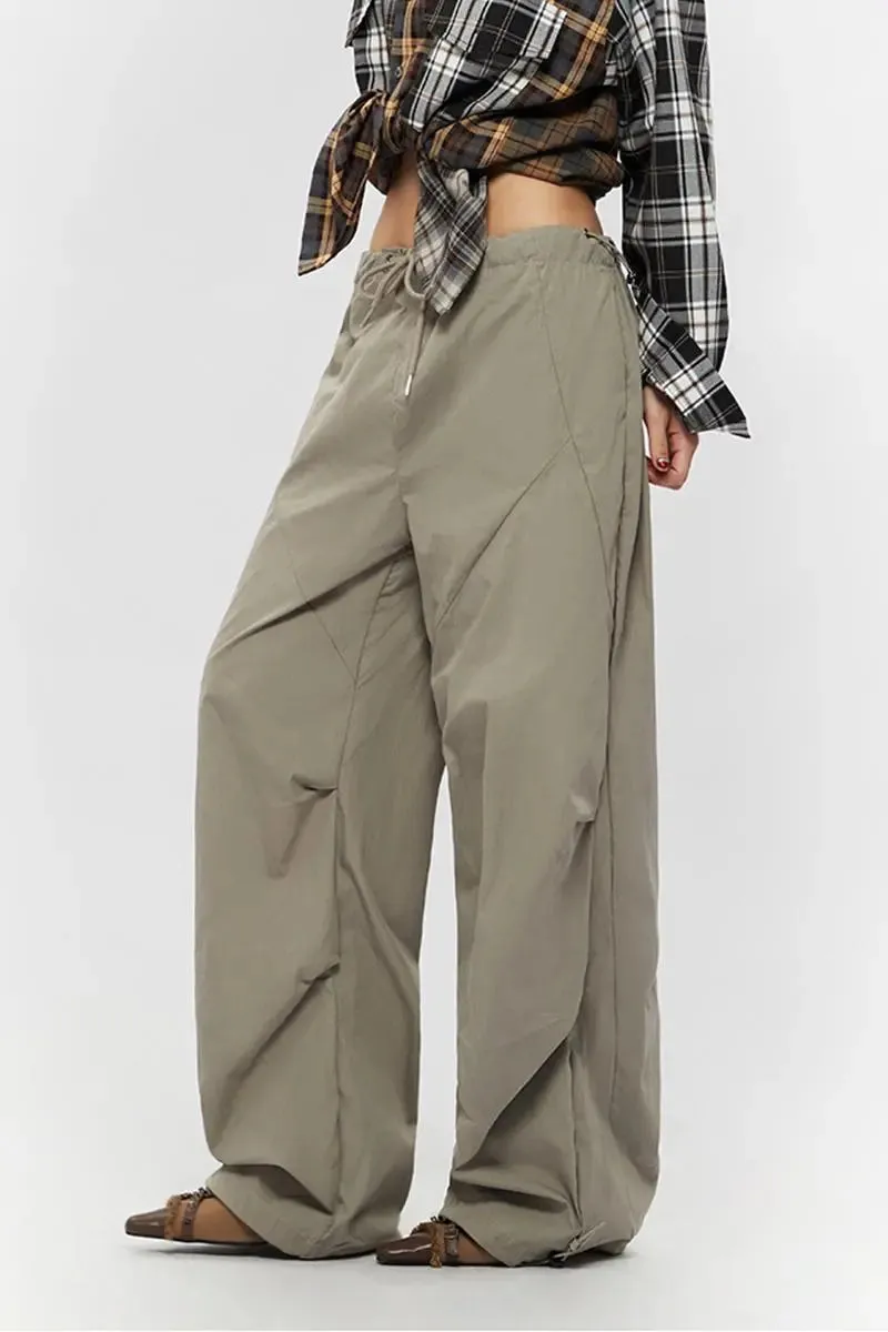 Drawstring Low-waist Parachute Cargo Pants