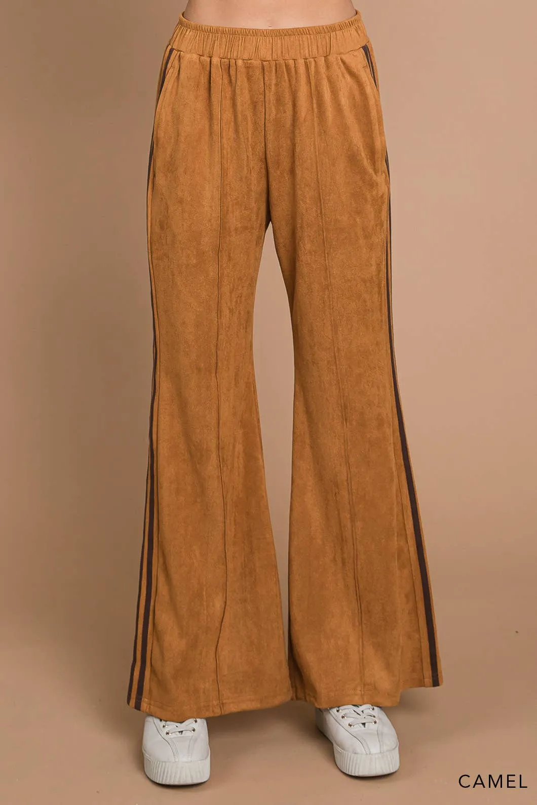 Faux Suede Flare Pants With Stripe Detail