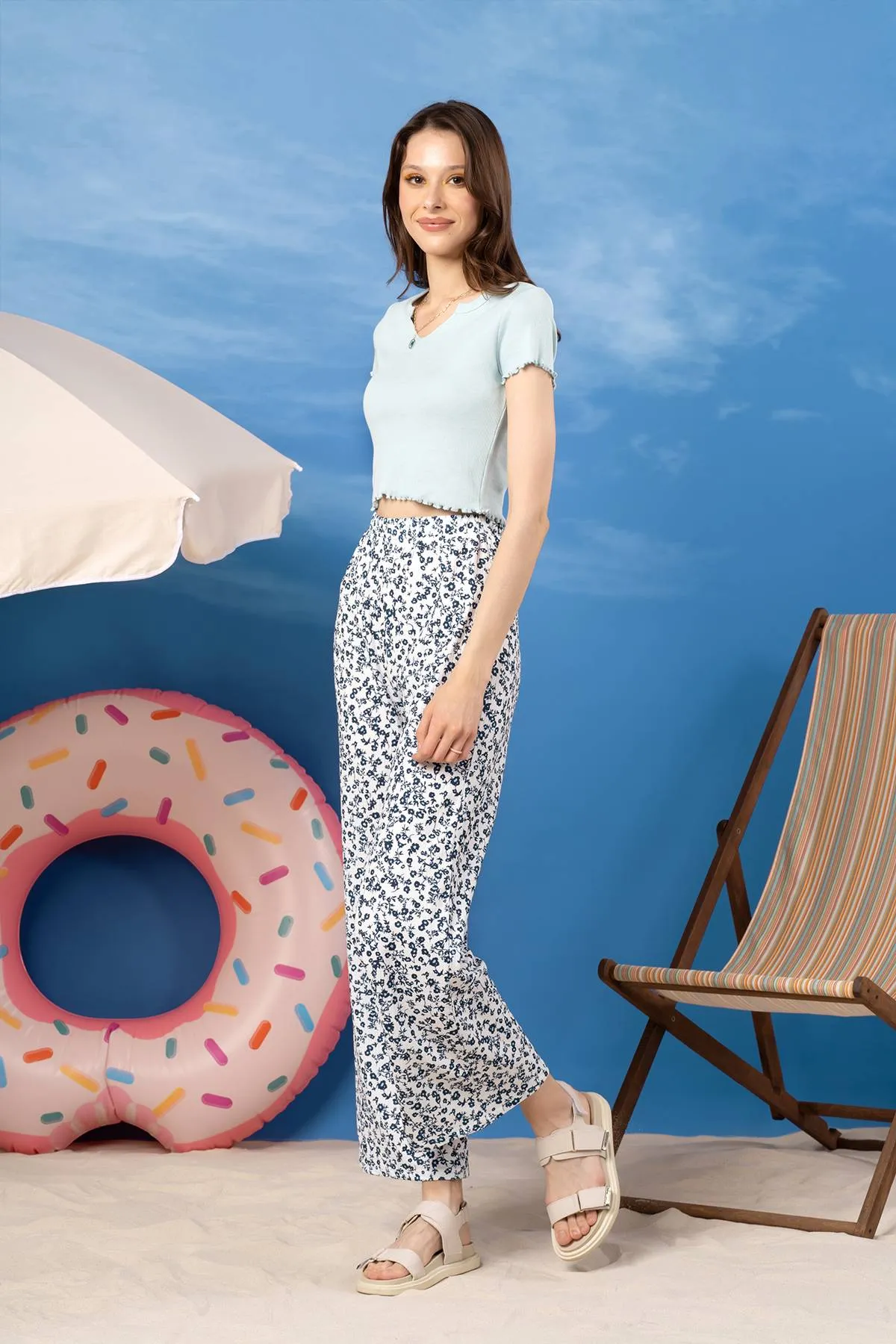 Floral Wide Leg Trouser For Women - White