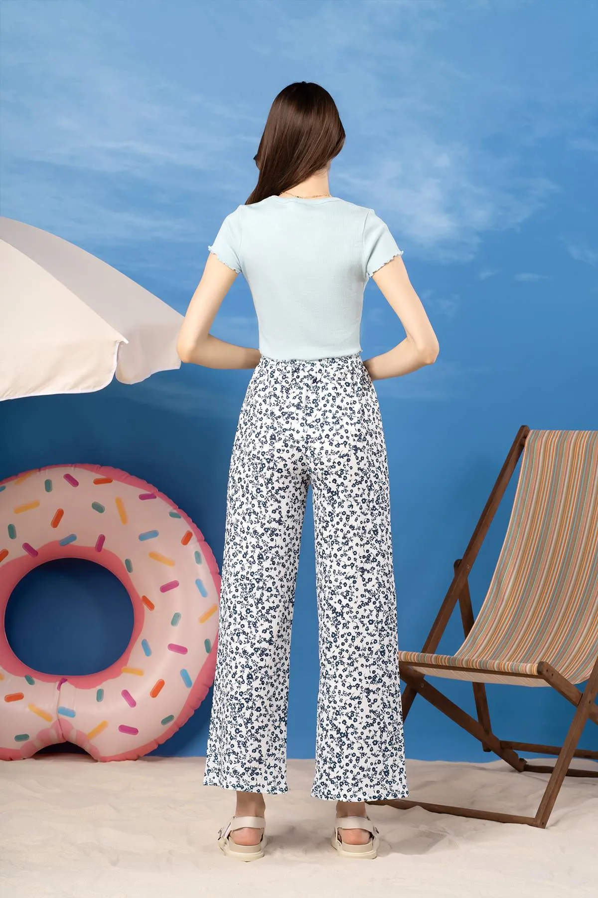 Floral Wide Leg Trouser For Women - White
