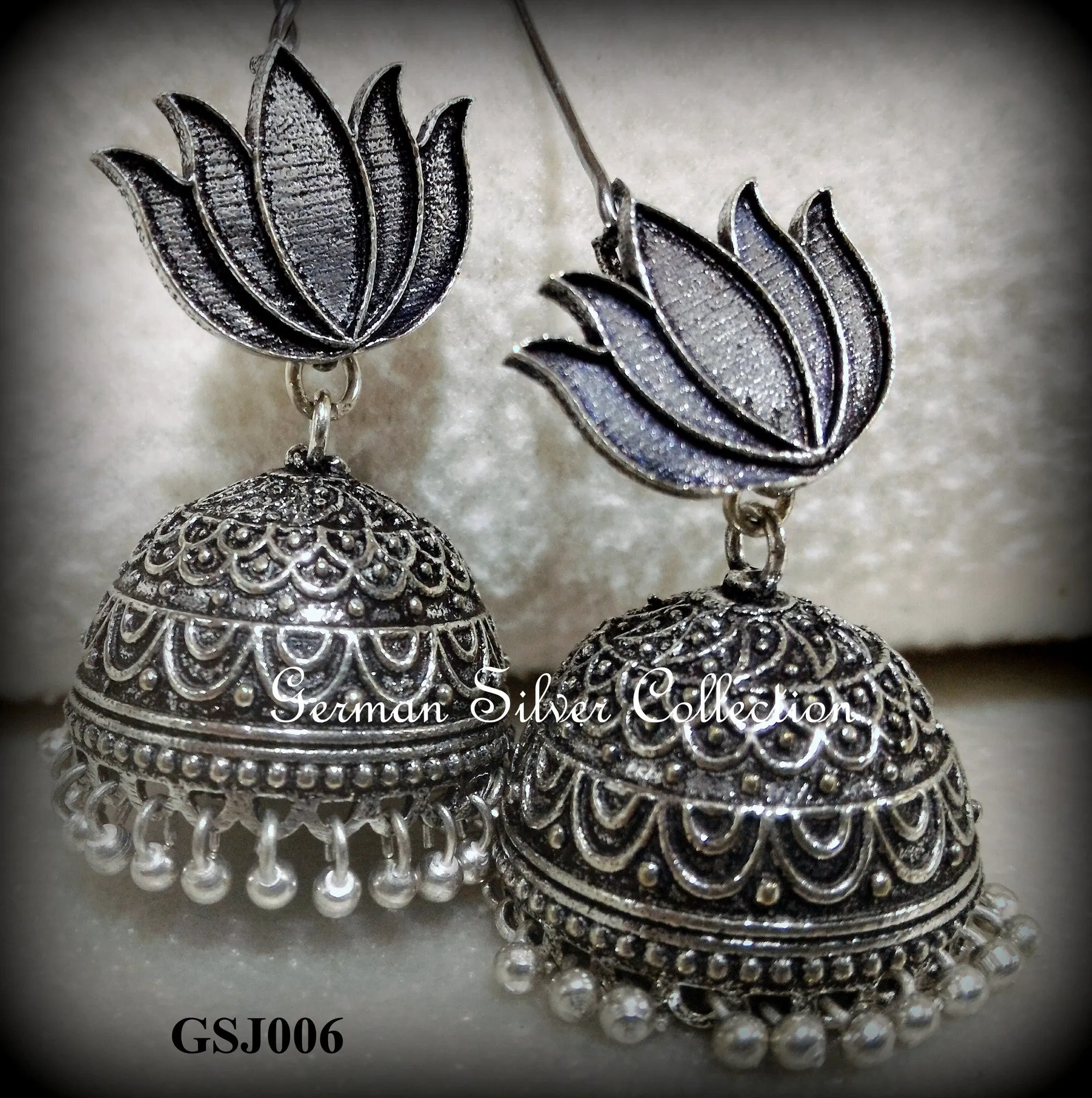 German Silver Lotus Stud Jhumkas