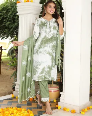 Green Tie And Dye Lucknowi Kurta Suit Set