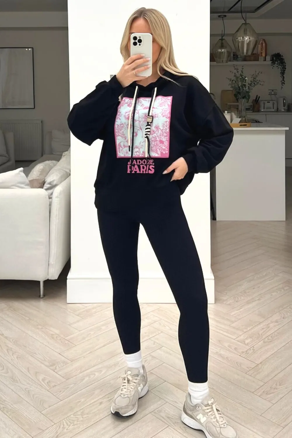 jadore paris black printed oversized double string hoodie