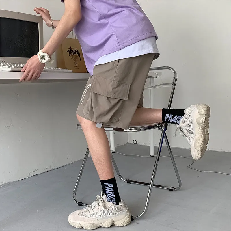 Japanese Cargo Shorts Men Summer Korean Reflective Hong Kong Trendy Casual Pants Loose Bermuda Shorts
