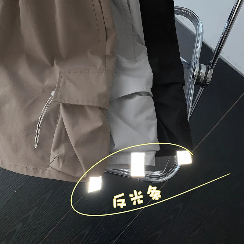 Japanese Cargo Shorts Men Summer Korean Reflective Hong Kong Trendy Casual Pants Loose Bermuda Shorts