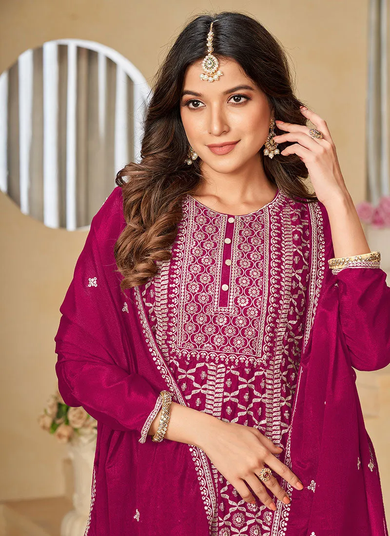 Magenta Reshamkari Embroidery Festive Palazzo Suit