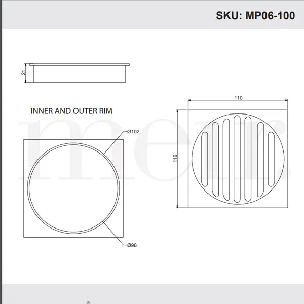 Meir Square Floor Grate Shower Drain 100mm Outlet - Gold
