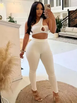 One Shoulder Cut Out Crop Top and High Waist Leggings Set