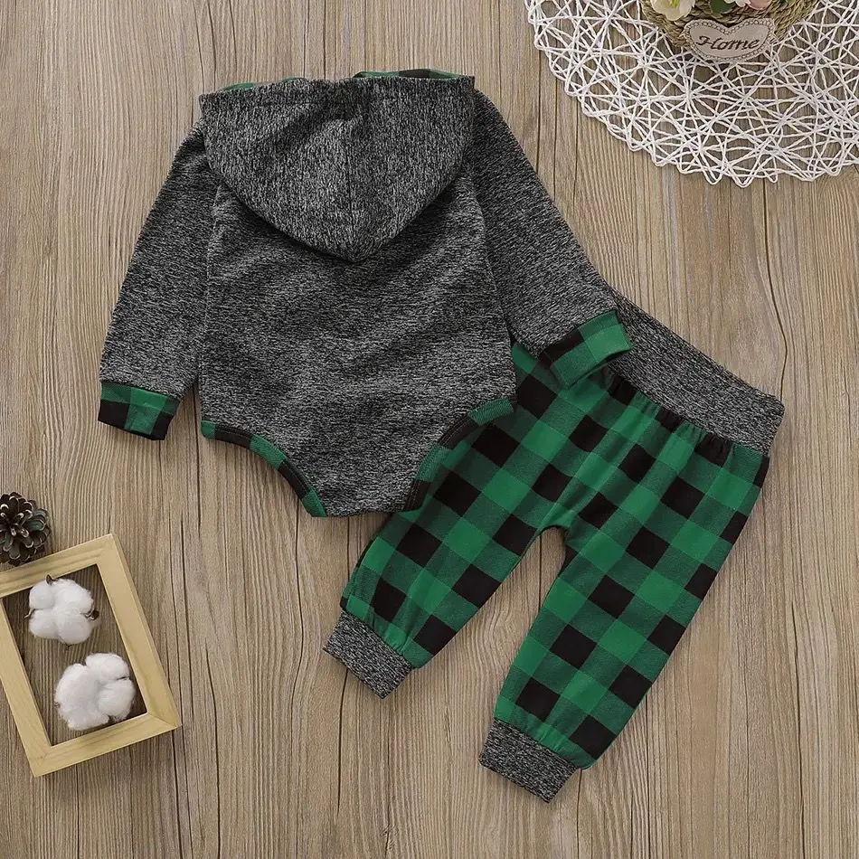 PatPat Baby Boy Trendy 2pcs Solid Long-sleeve Hooded Bodysuit and Plaid Print Pants Sets Baby Boy Clothes Set 9-12M 19709377