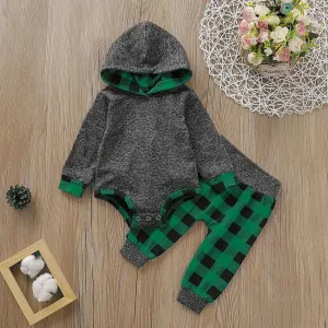 PatPat Baby Boy Trendy 2pcs Solid Long-sleeve Hooded Bodysuit and Plaid Print Pants Sets Baby Boy Clothes Set 9-12M 19709377