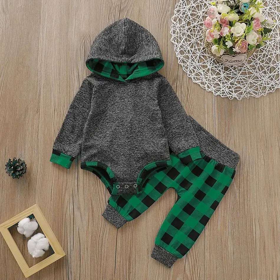PatPat Baby Boy Trendy 2pcs Solid Long-sleeve Hooded Bodysuit and Plaid Print Pants Sets Baby Boy Clothes Set 9-12M 19709377