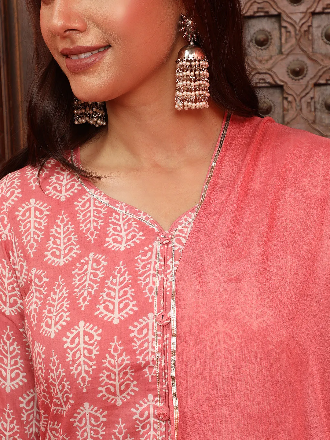 Pink Ethnic Printed Straight Kurta With Sharara And Chiffon Dupatta