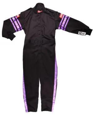 RaceQuip One Piece Single Layer Fire Suit - Black w/Purple Stripes - Kids X-Small - 1950591