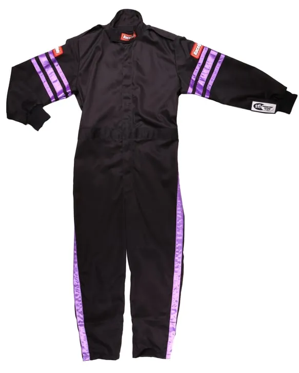 RaceQuip One Piece Single Layer Fire Suit - Black w/Purple Stripes - Kids X-Small - 1950591