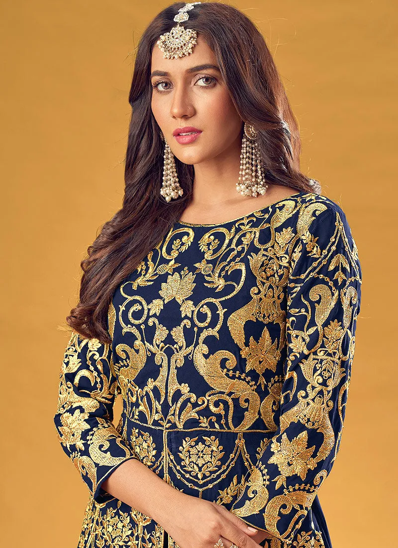 Royal Blue Golden Embroidered Slit Style Palazzo Suit