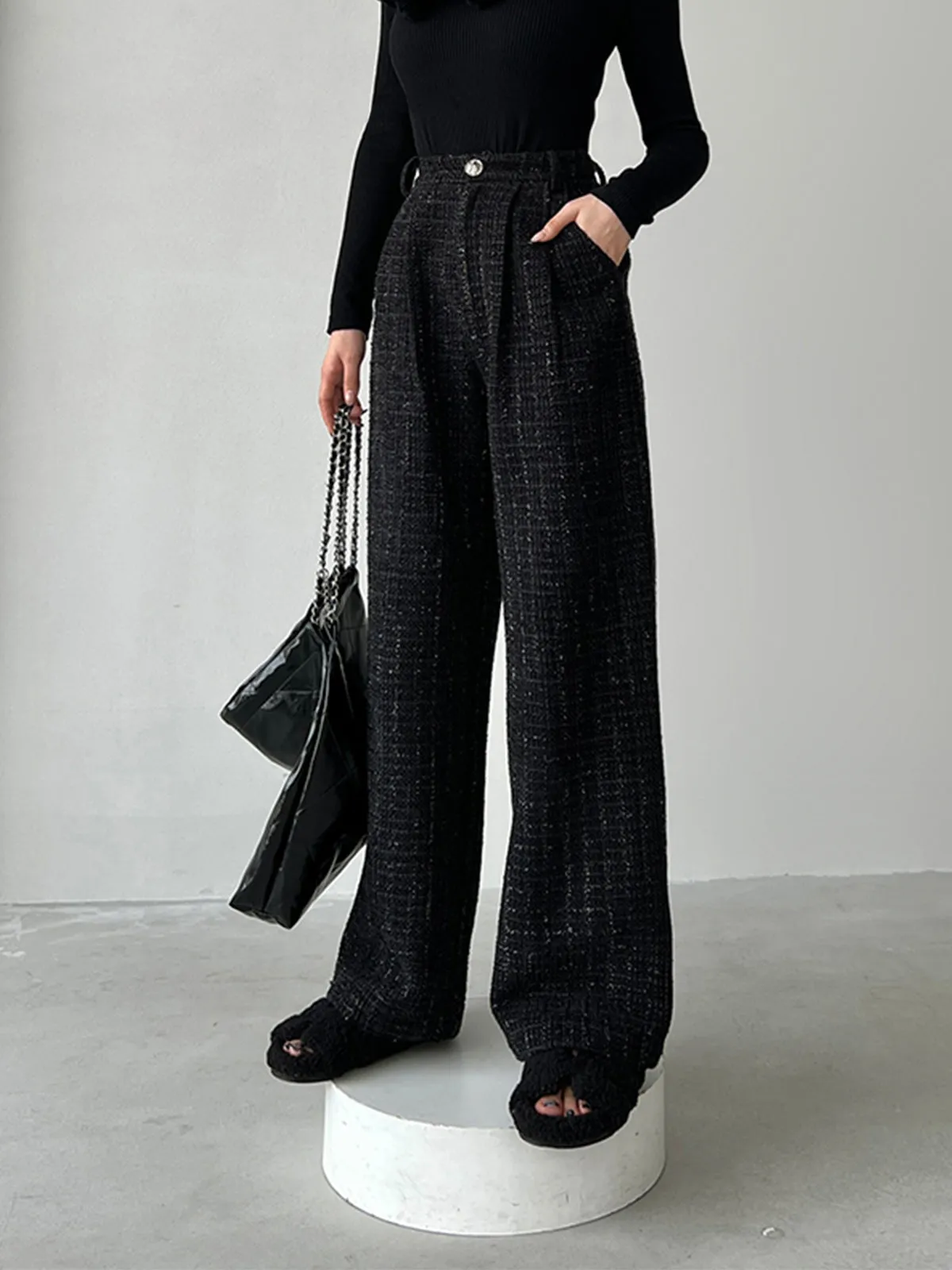 Sequined Tweed Pocket Trendy Straight Leg Pants