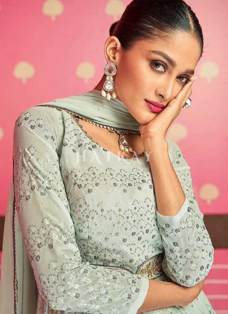 Teal Blue Georgette Sequence Embroidered Wedding Palazzo Suit