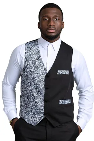 Val African Print Kente Men's Fit Suit Vest (Black & White)