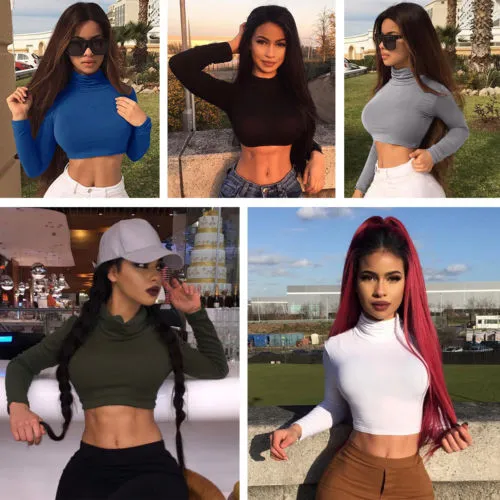 VenusFox Womens Casual Long Sleeve Slim bodycon Shirt Crop Tops T-Shirt