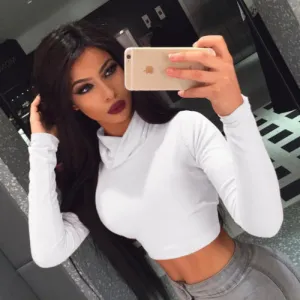 VenusFox Womens Casual Long Sleeve Slim bodycon Shirt Crop Tops T-Shirt