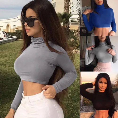 VenusFox Womens Casual Long Sleeve Slim bodycon Shirt Crop Tops T-Shirt