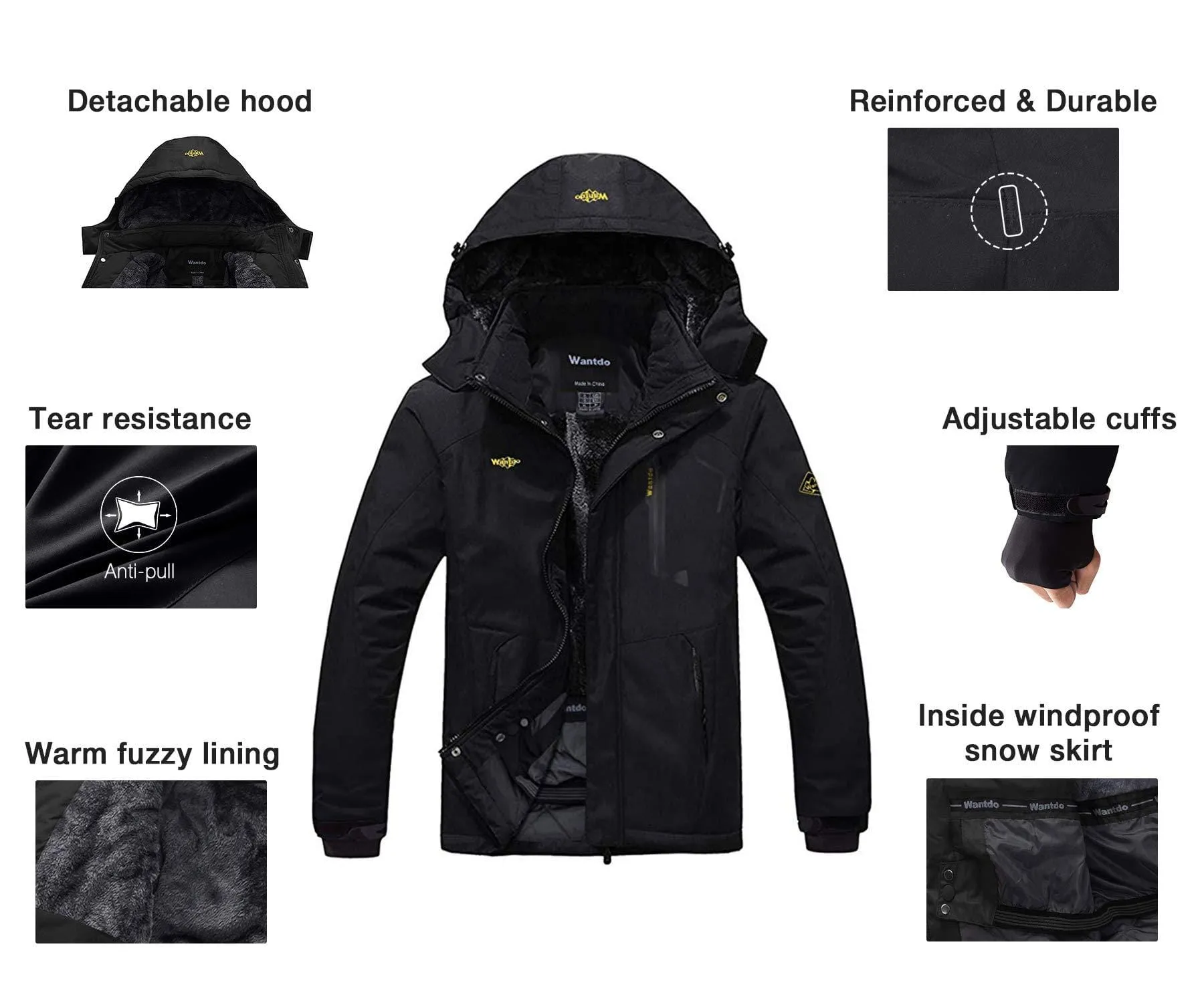 Wantdo Men's Waterproof Mountain Jacket Fleece Windproof Ski Jacket US M  Black M