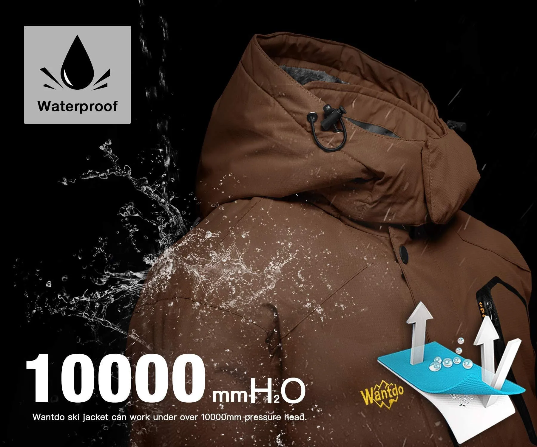 Wantdo Men's Waterproof Mountain Jacket Fleece Windproof Ski Jacket US S  Coffee S