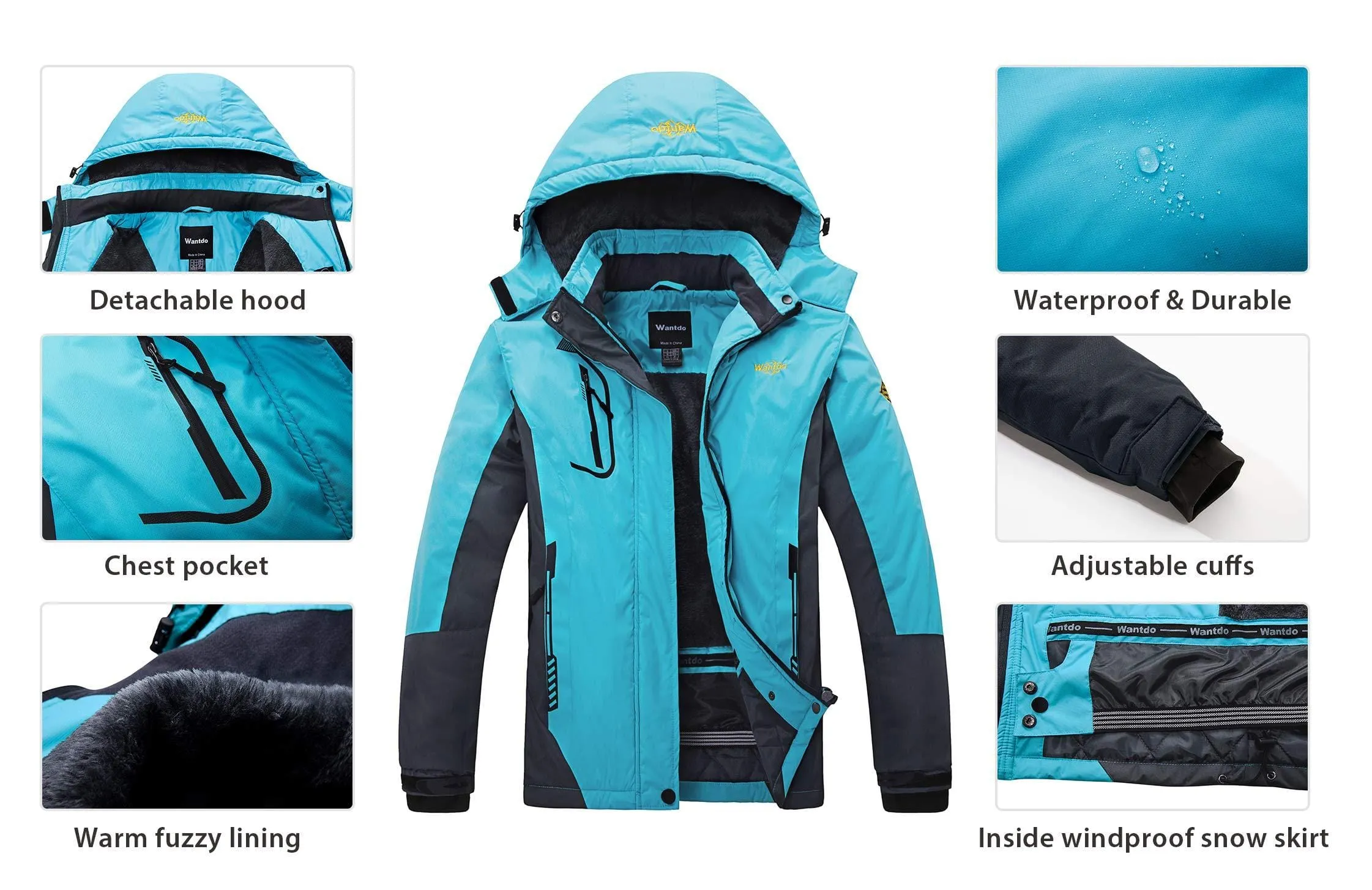 Wantdo Women's Waterproof Mountain Jacket Fleece Ski Jacket US S  Blue Small