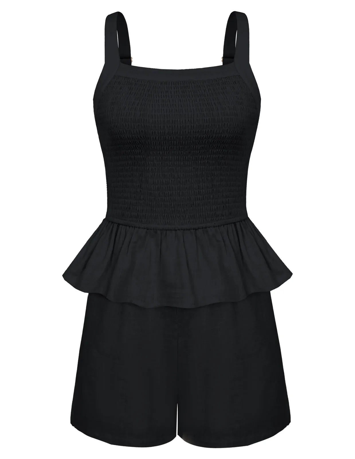 Women Cotton Outfits Casual Square Neck Smocked Tops Elastic Waist Shorts