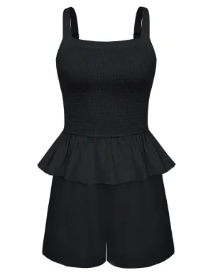 Women Cotton Outfits Casual Square Neck Smocked Tops Elastic Waist Shorts