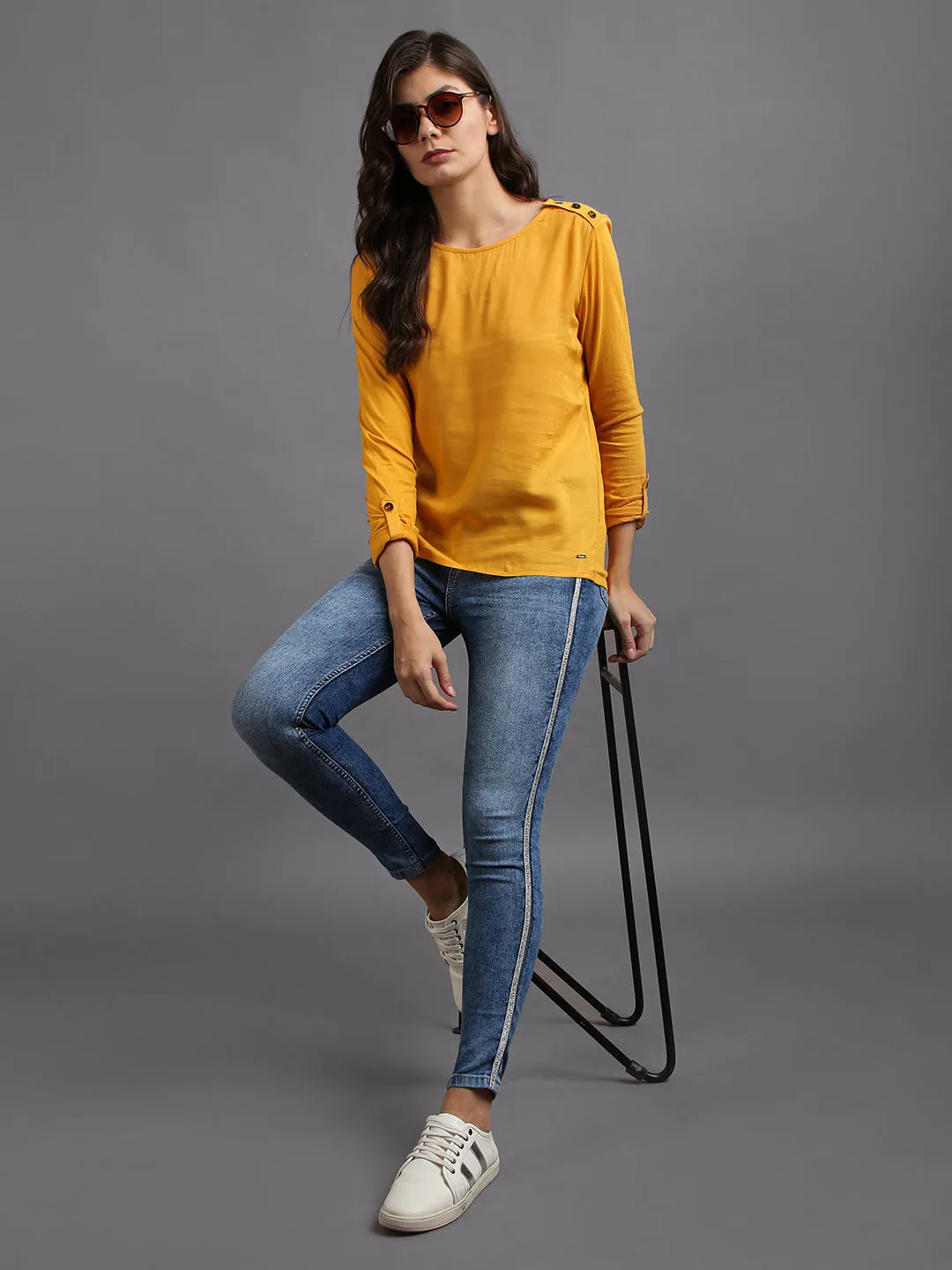 Women Solid Yellow Casual Tops
