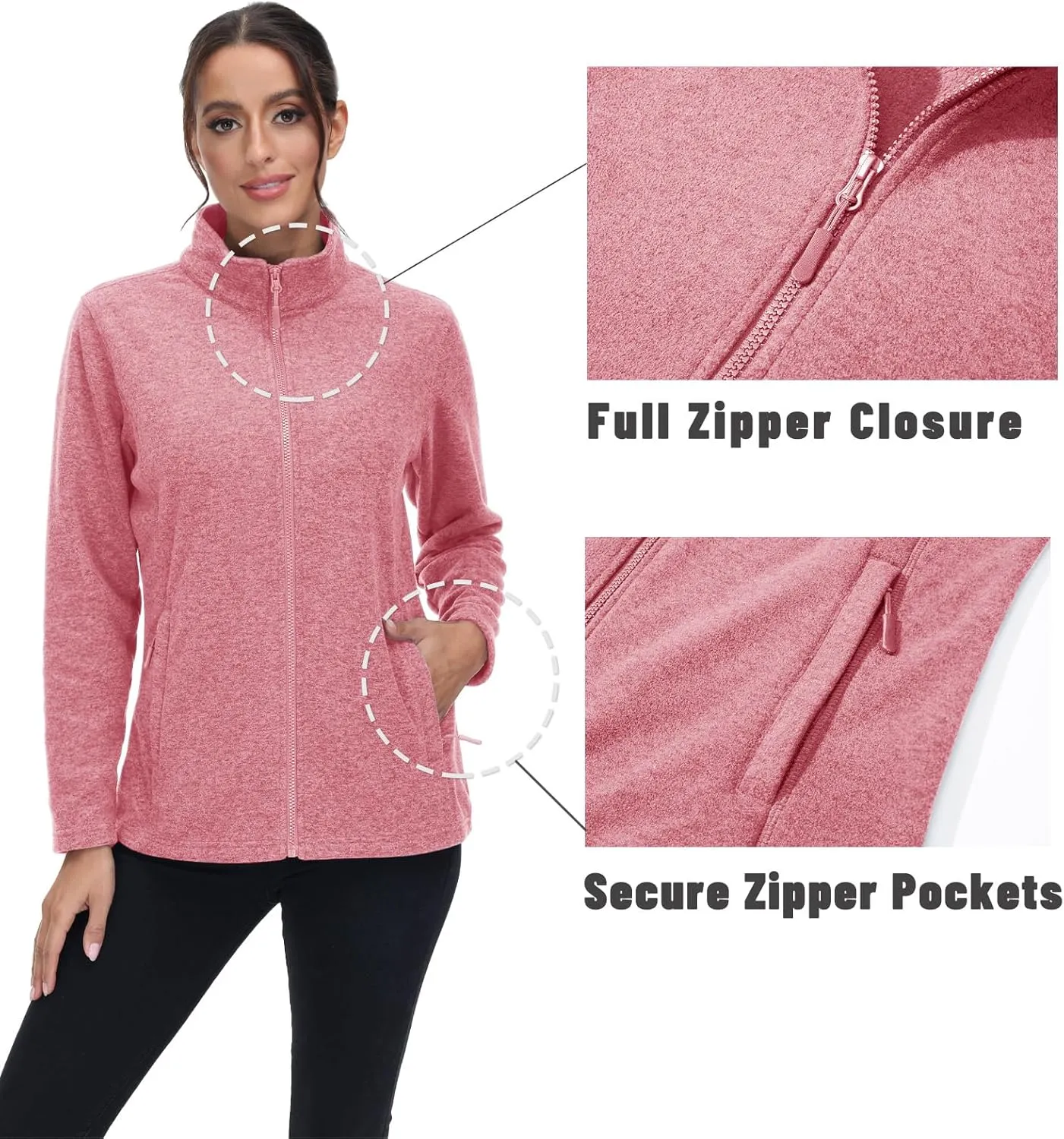 Women's Fleece Jacket Zip Up Coat Lightweight Soft Warm Long Sleeve Jackets with Pockets for Winter