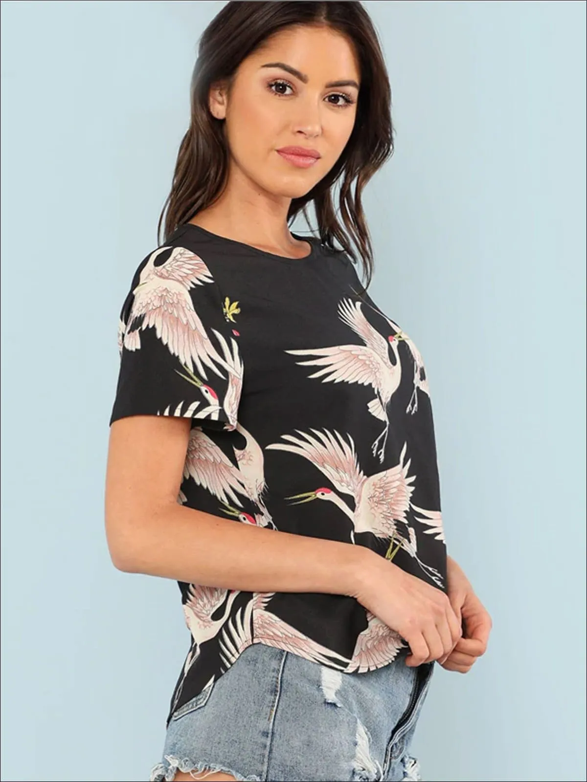 Women's Pink Crane Print Casual Blouse